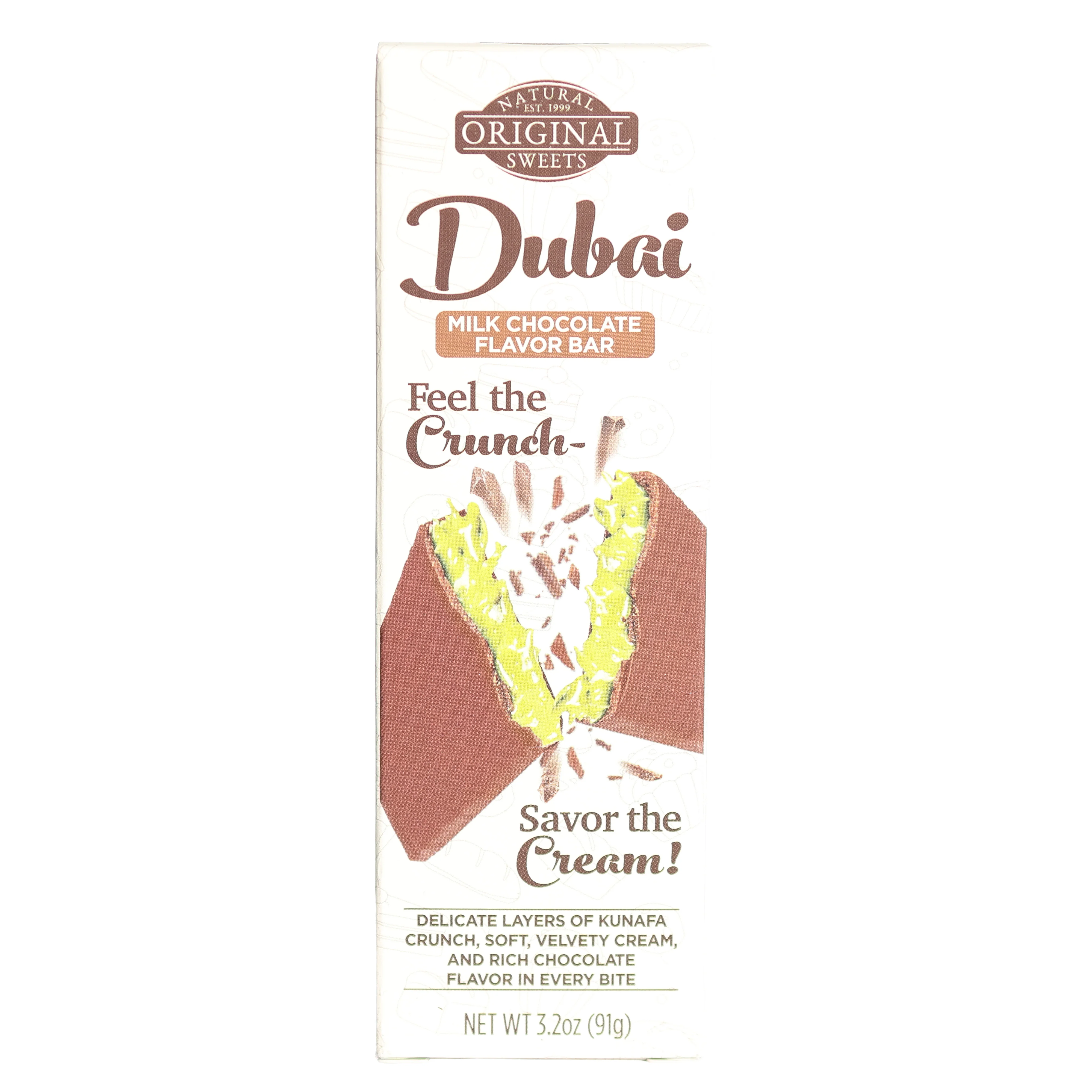 Original Natural Sweets Dubai Pistachio Milk Chocolate Flavor Bar, 3.2oz