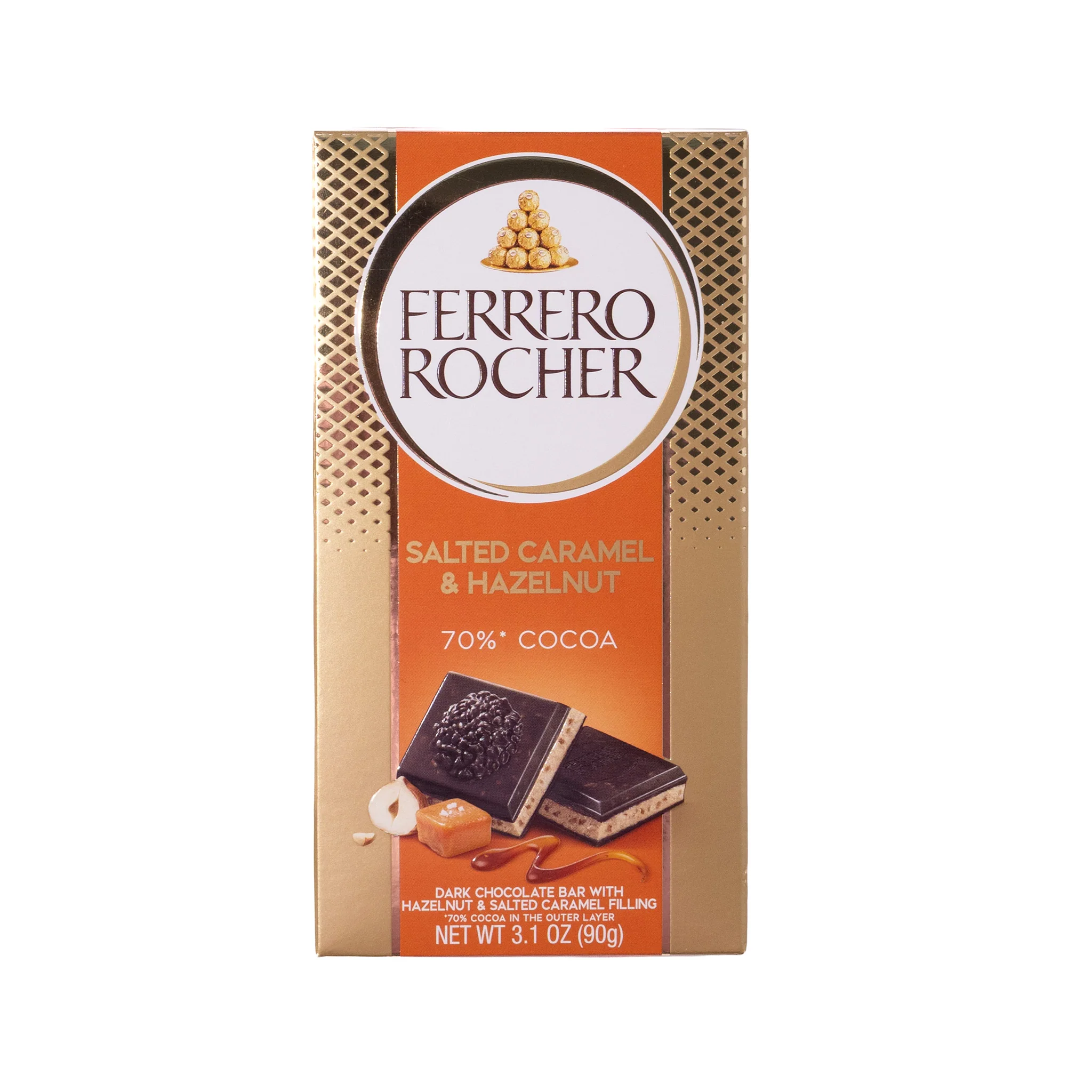 Ferrero Rocher Salted Caramel & Hazelnut 70% Cocoa Dark Chocolate Bar, 3.1oz